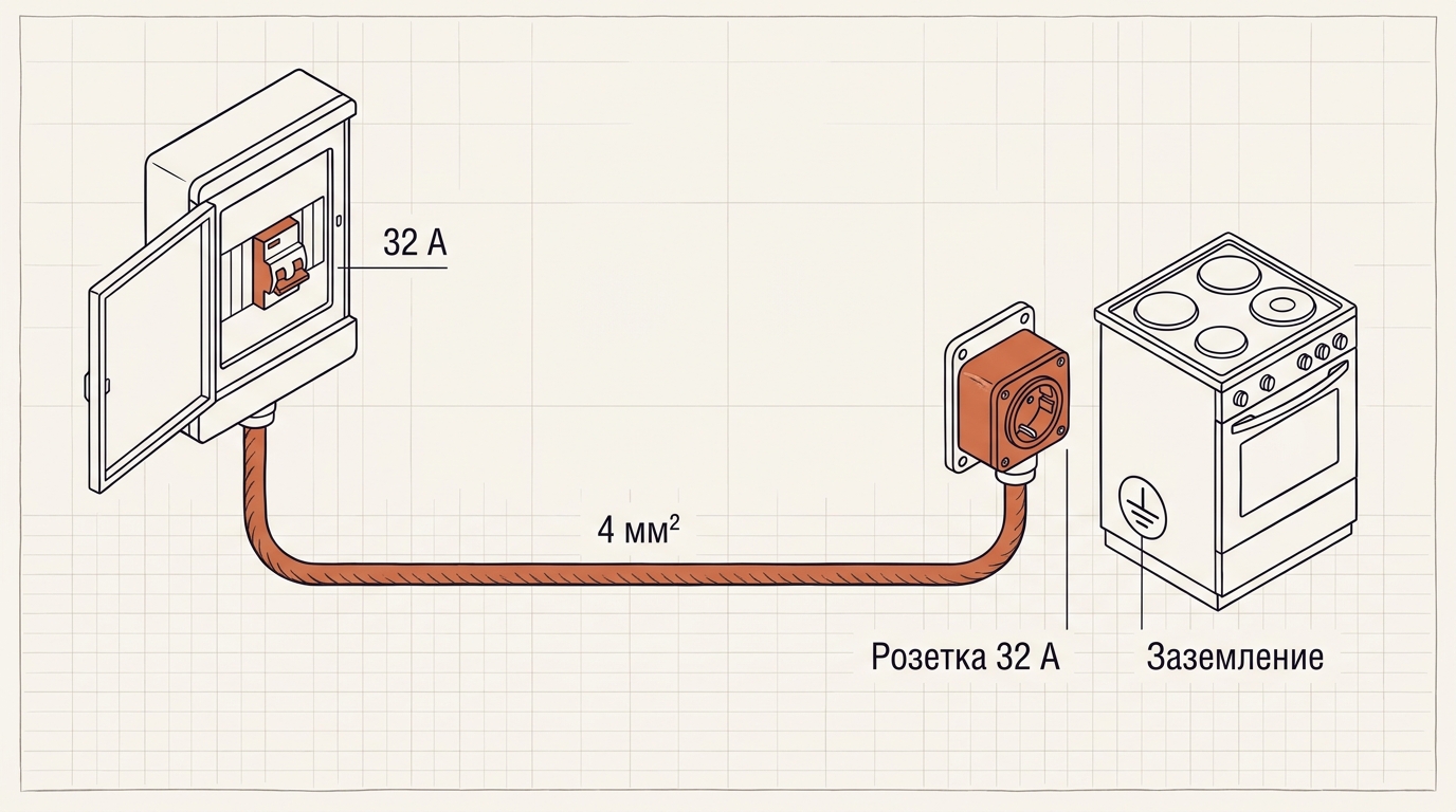 Схема подключения электроплиты: отдельная линия от щитка, автомат 32 А, кабель 4 мм², силовая розетка и заземление корпуса