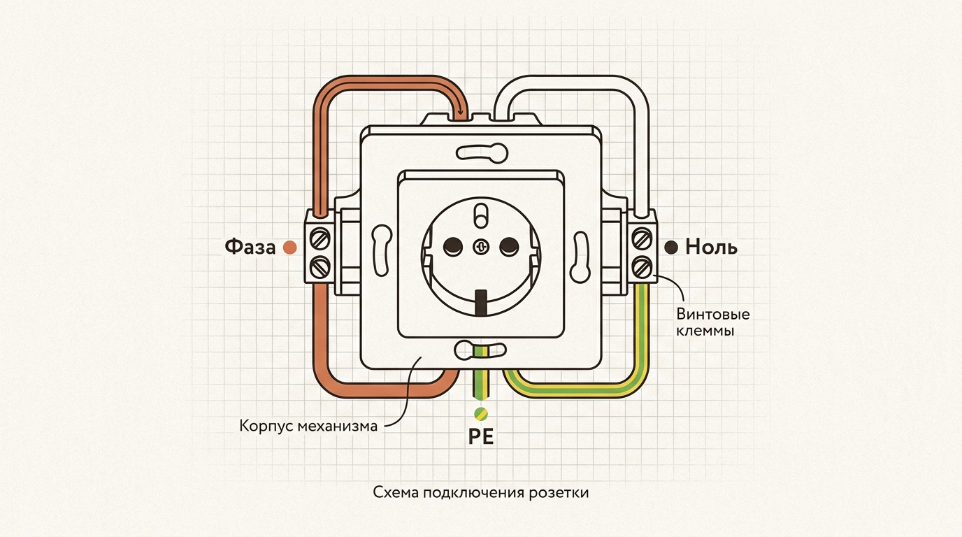 Подключение розетки: фаза и ноль на боковые контакты, жёлто-зелёный PE на центральный заземляющий контакт
