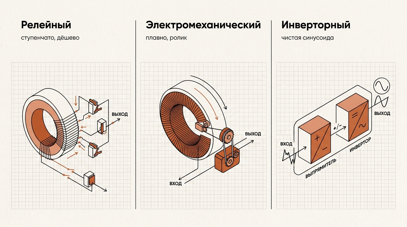 Три типа стабилизаторов напряжения: релейный, электромеханический, инверторный