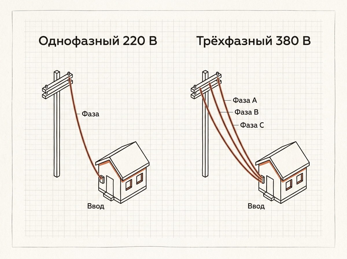 Сравнение однофазного и трёхфазного ввода в дом: 220 В одна фаза против 380 В три фазы