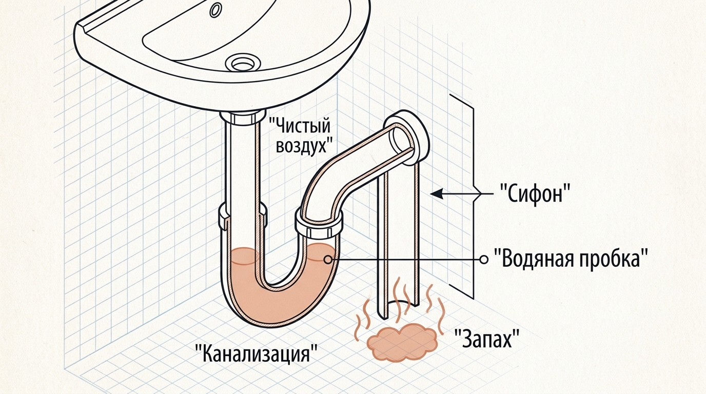 Разрез U-образного сифона раковины: водяная пробка в нижнем изгибе перекрывает путь запаху из канализации
