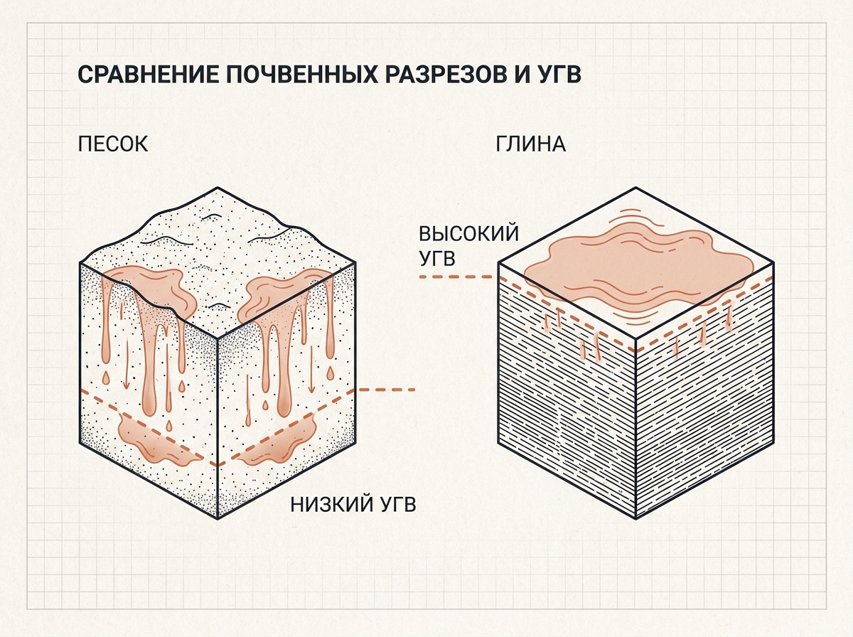 Сравнение условий для поля фильтрации: песок с низким УГВ впитывает, глина с высоким УГВ не впитывает