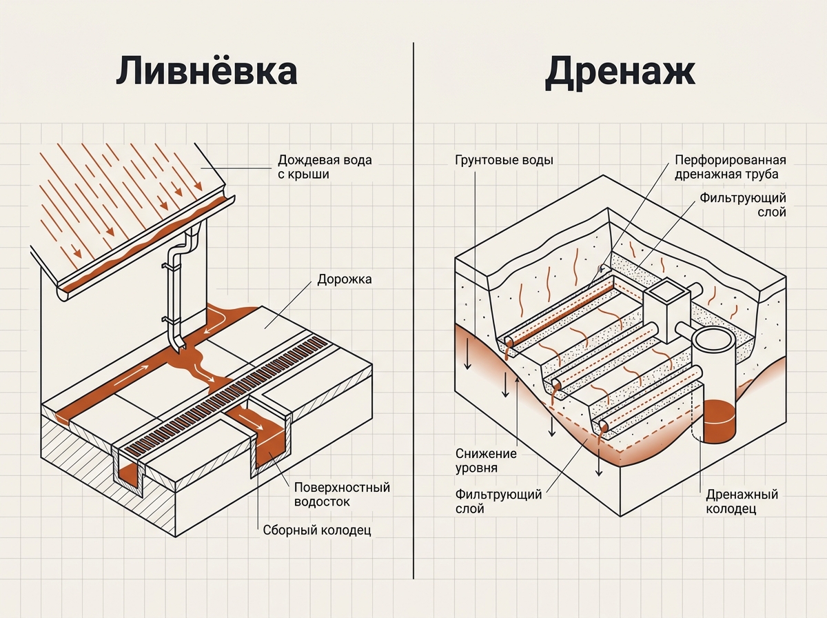 Ливнёвка собирает поверхностную воду сверху, дренаж понижает грунтовые воды в грунте