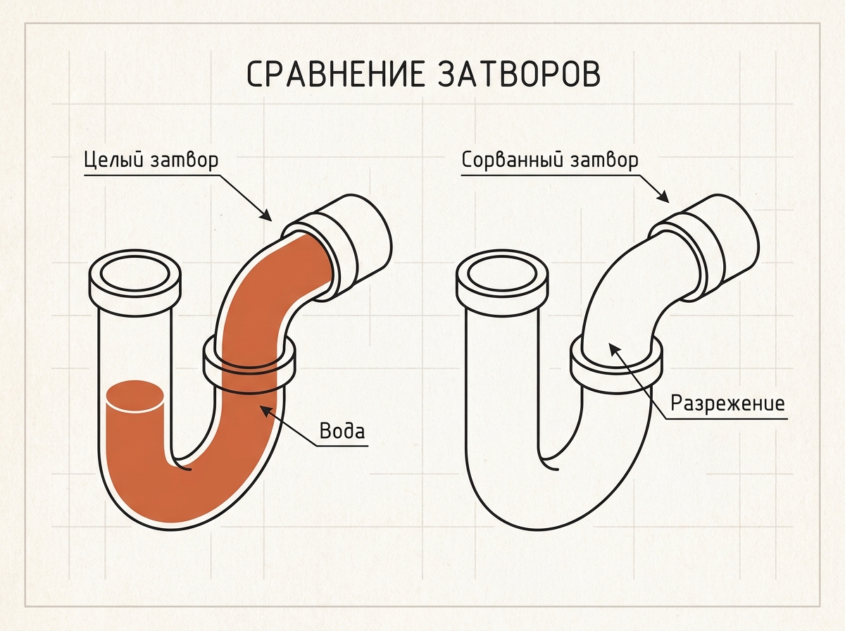 Сравнение сифона: слева целый гидрозатвор с водяной пробкой, справа сорванный — воду высосало разрежением без фановой трубы