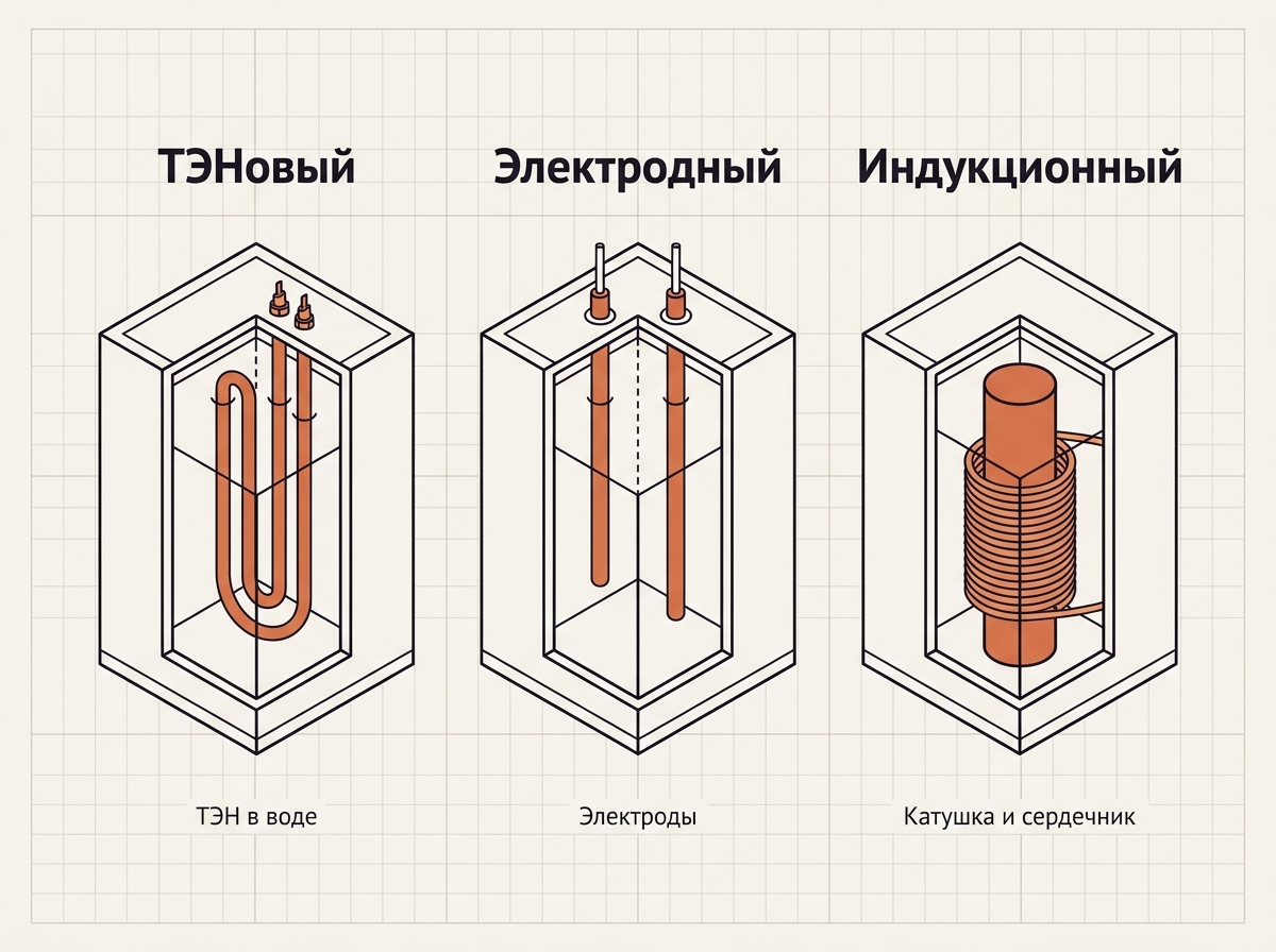 Три типа электрокотлов: ТЭНовый, электродный, индукционный