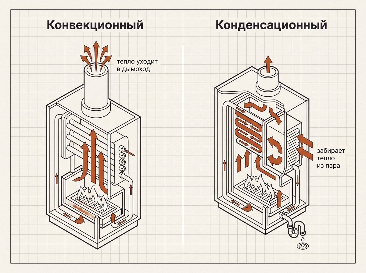 Конвекционный котёл теряет тепло в дымоход, конденсационный забирает тепло из пара дымовых газов