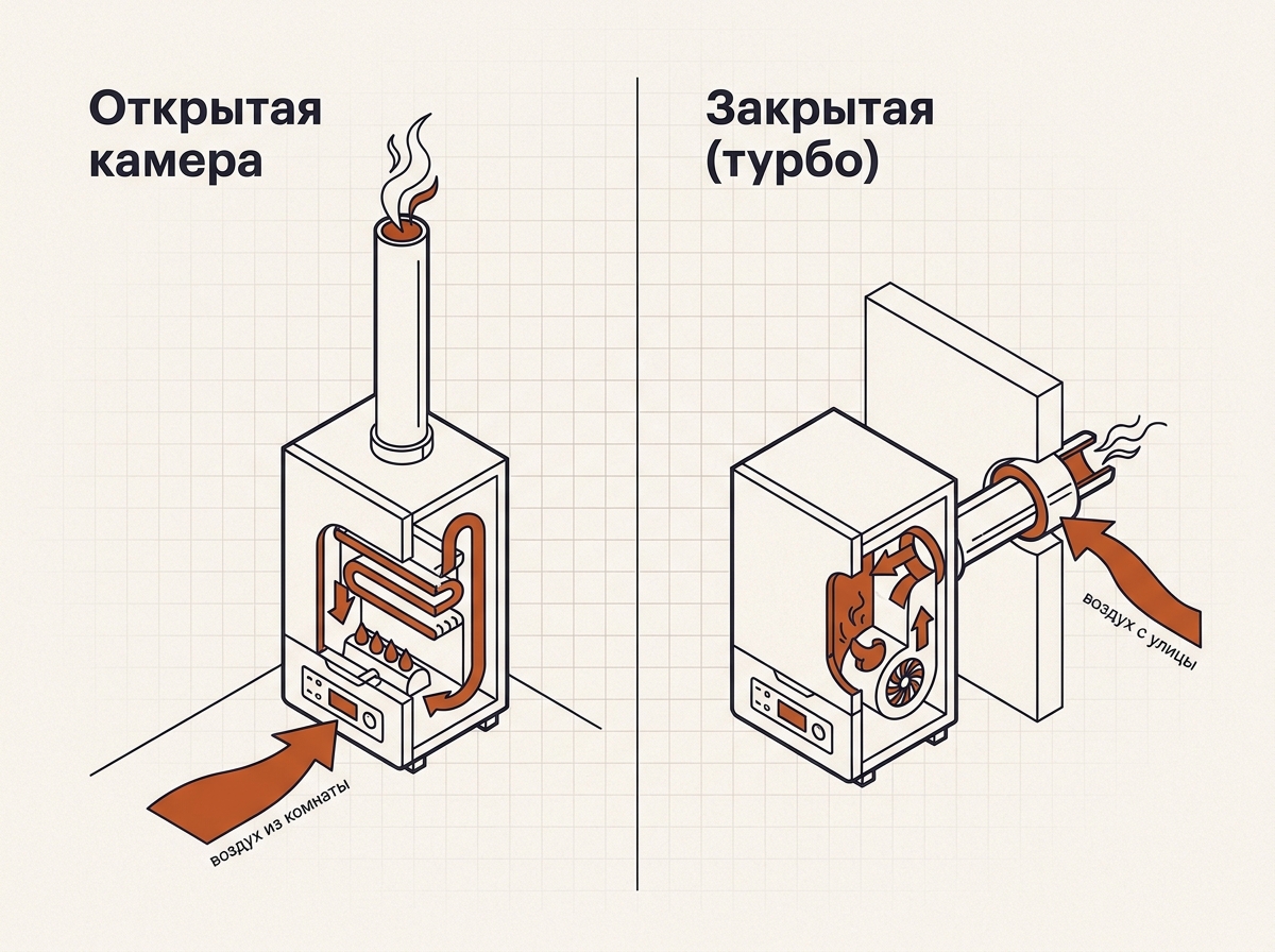 Сравнение камер сгорания: открытая с вертикальным дымоходом и закрытая турбо с коаксиалом через стену