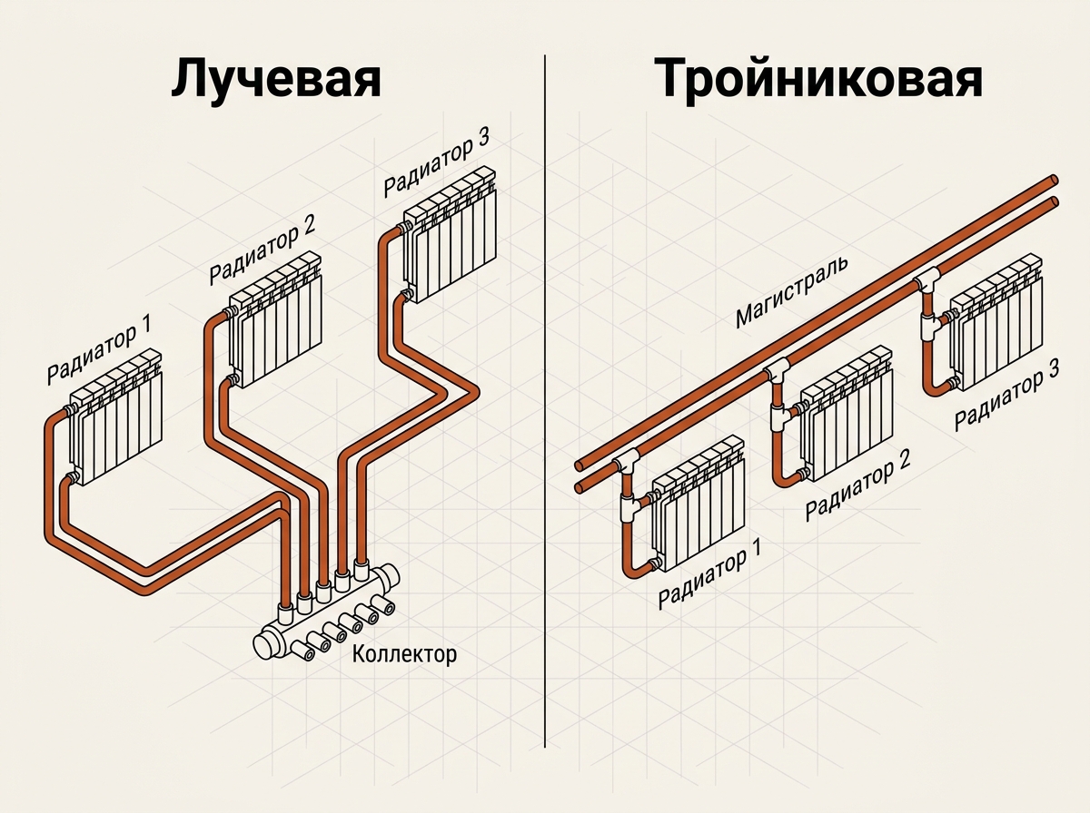 Лучевая разводка от коллектора и тройниковая последовательная схема