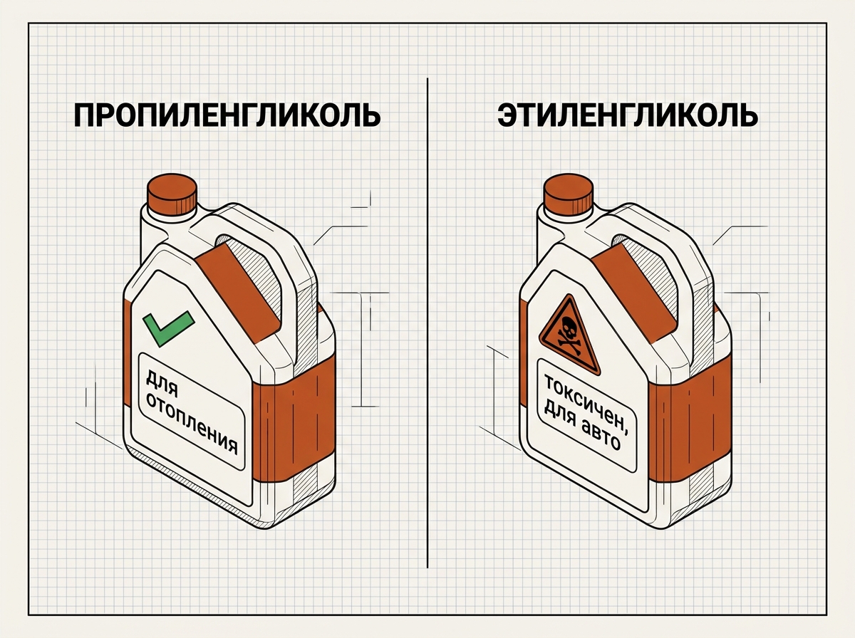 Пропиленгликоль для отопления безопасен, этиленгликоль токсичен и только для авто