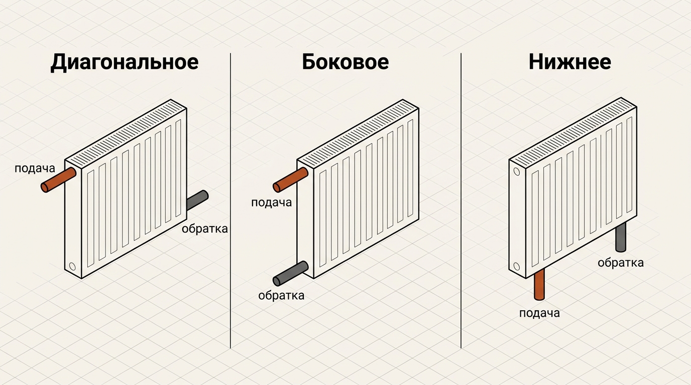 Схемы подключения радиатора: диагональное, боковое, нижнее и потери теплоотдачи