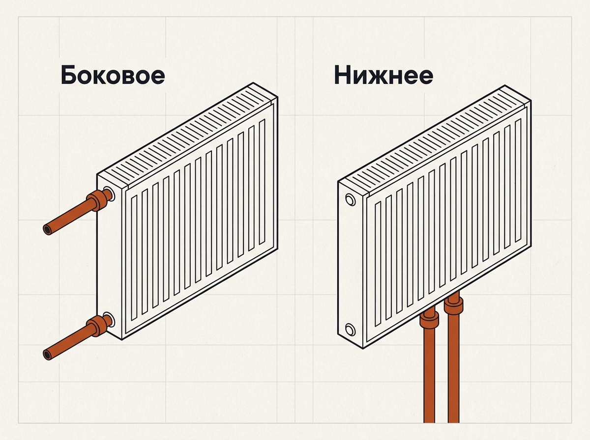 Боковое и нижнее подключение стального панельного радиатора