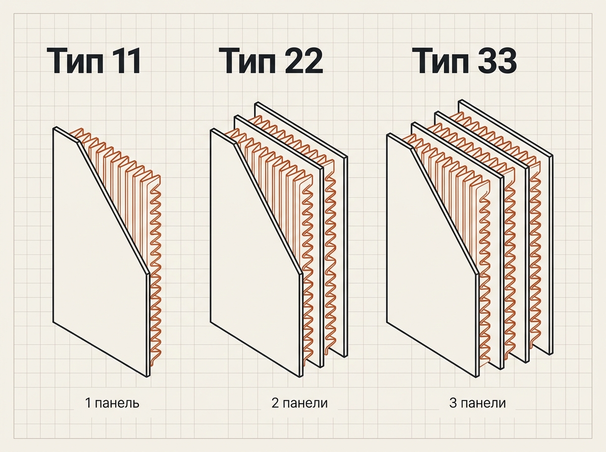 Типы стальных панельных радиаторов 11, 22 и 33: число панелей и рядов конвекторов