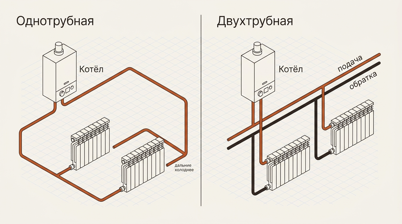 Однотрубная система (радиаторы последовательно на одном кольце) и двухтрубная (подача и обратка к каждому радиатору)