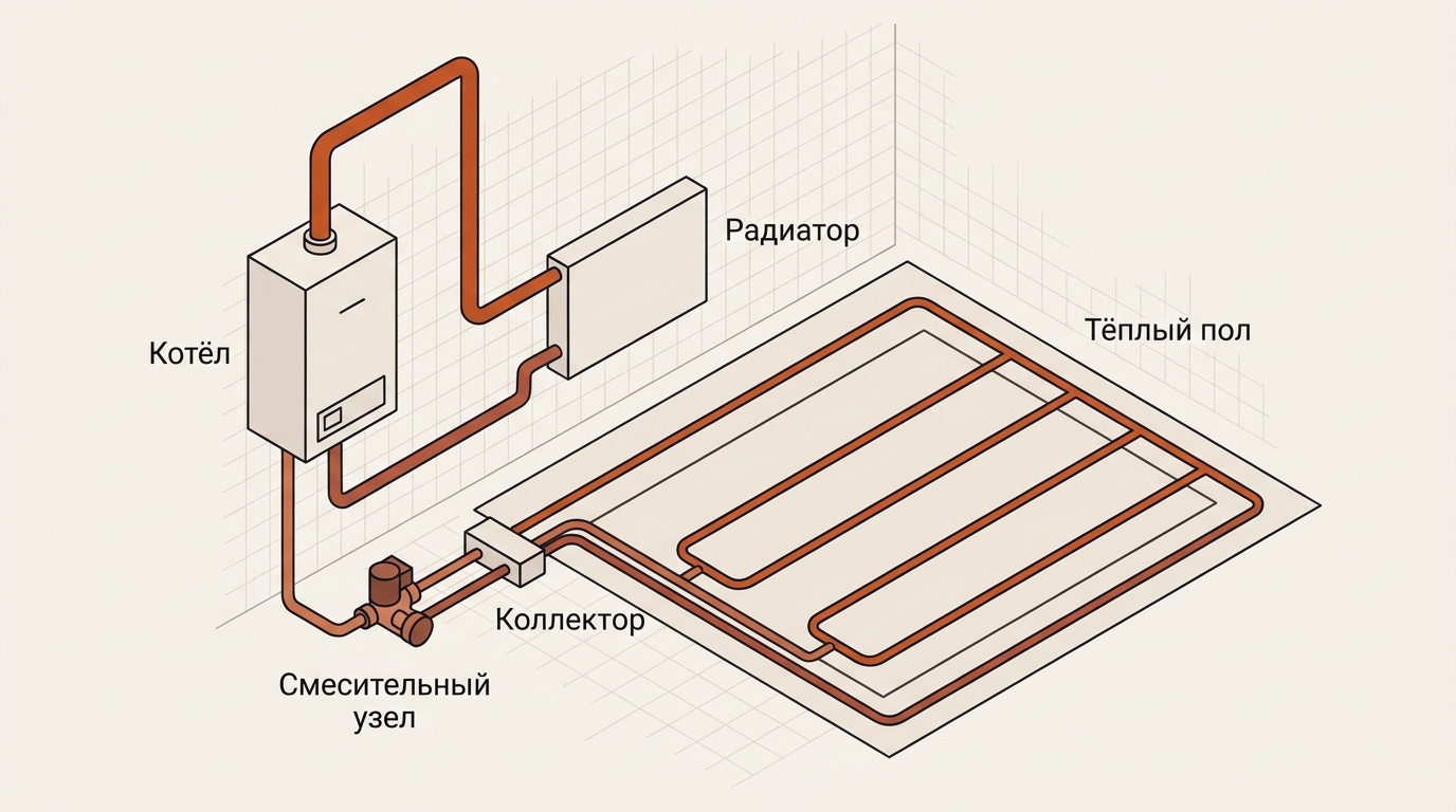 Комбинированная система: котёл, радиаторы напрямую и тёплый пол через смесительный узел и коллектор