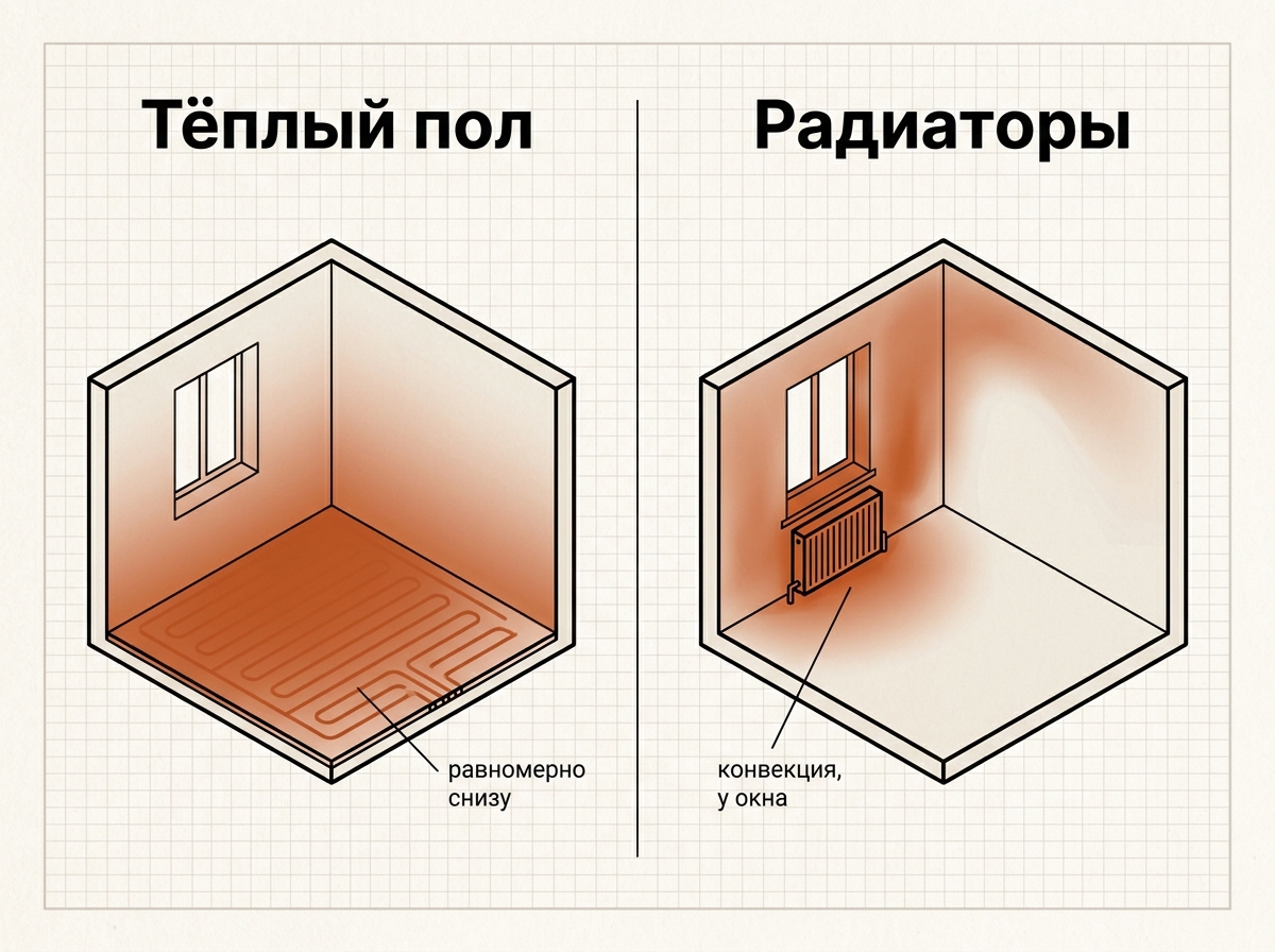 Распределение тепла: тёплый пол прогревает равномерно снизу, радиатор греет конвекцией у окна