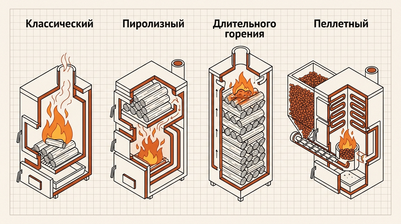 Типы твердотопливных котлов: классический, пиролизный, длительного горения, пеллетный