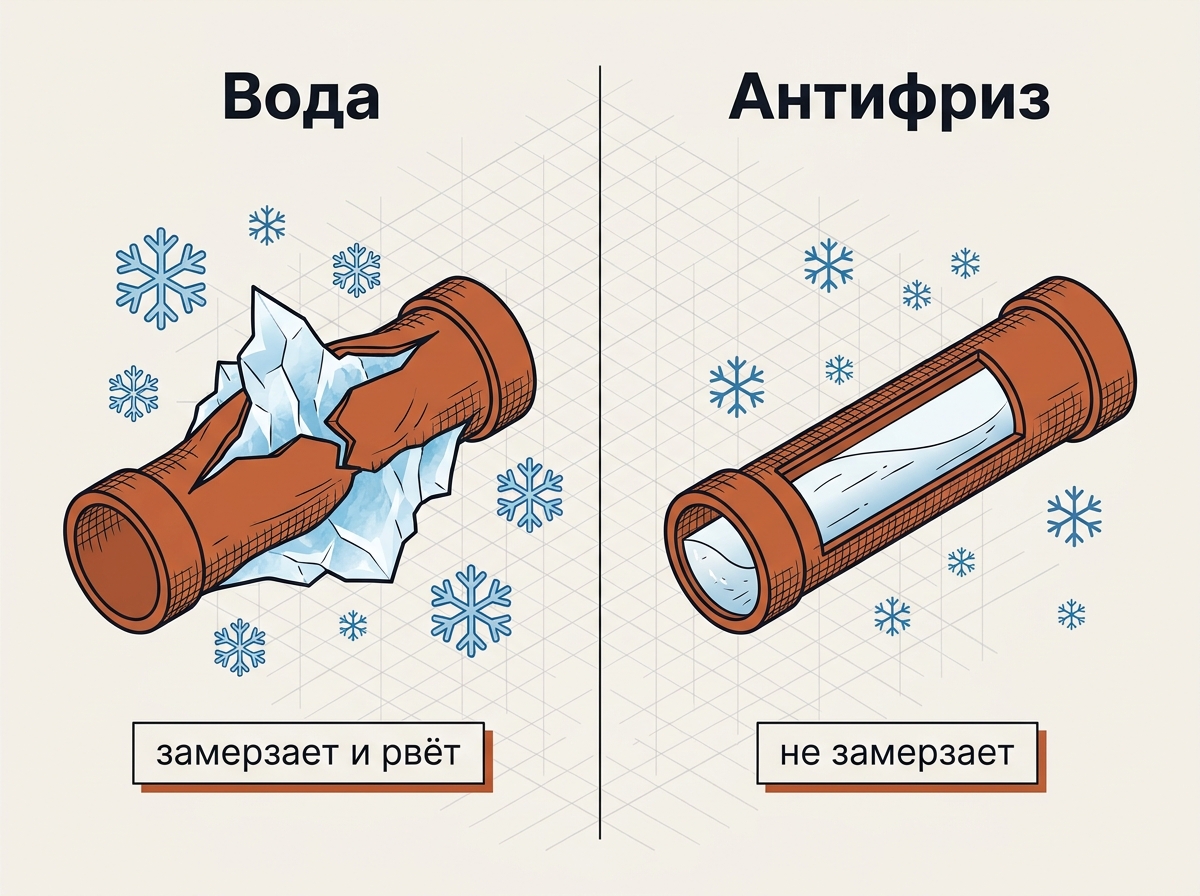 Вода замерзает и рвёт трубу в мороз, антифриз не замерзает