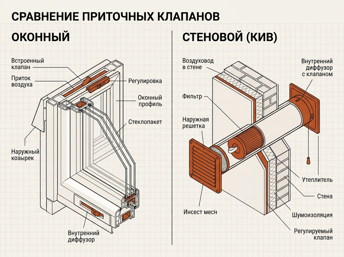 Оконный приточный клапан в раме и стеновой клапан КИВ через стену