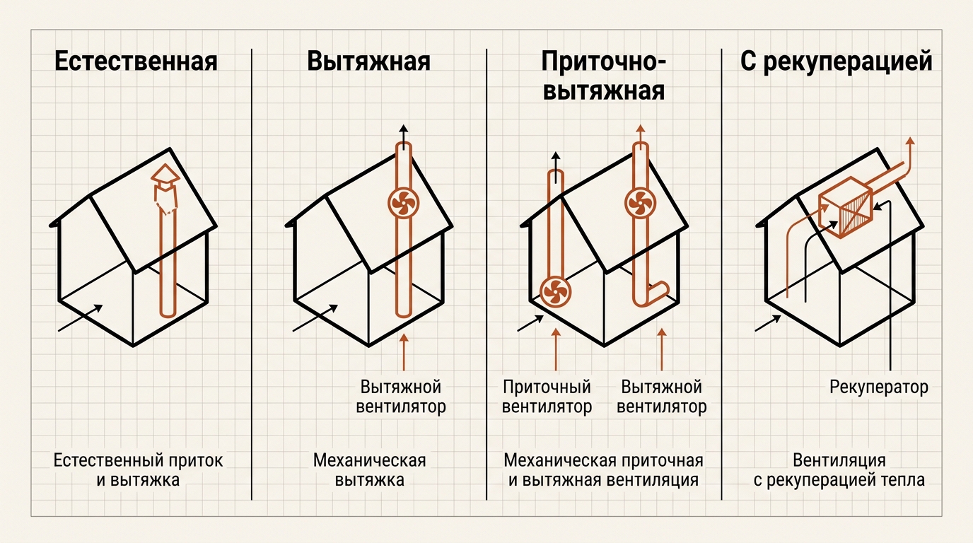 Четыре типа вентиляции: естественная, вытяжная механическая, приточно-вытяжная, с рекуперацией