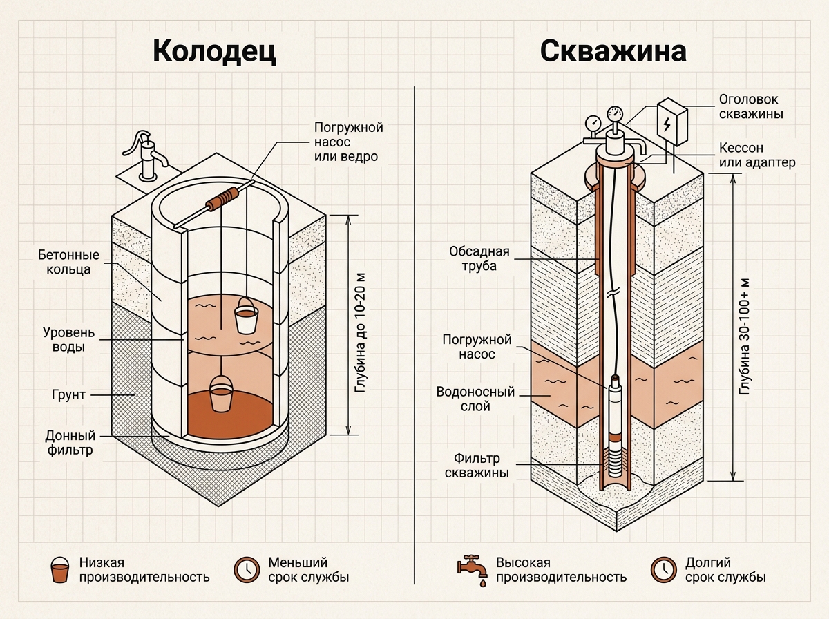 Колодец из бетонных колец и узкая скважина с погружным насосом