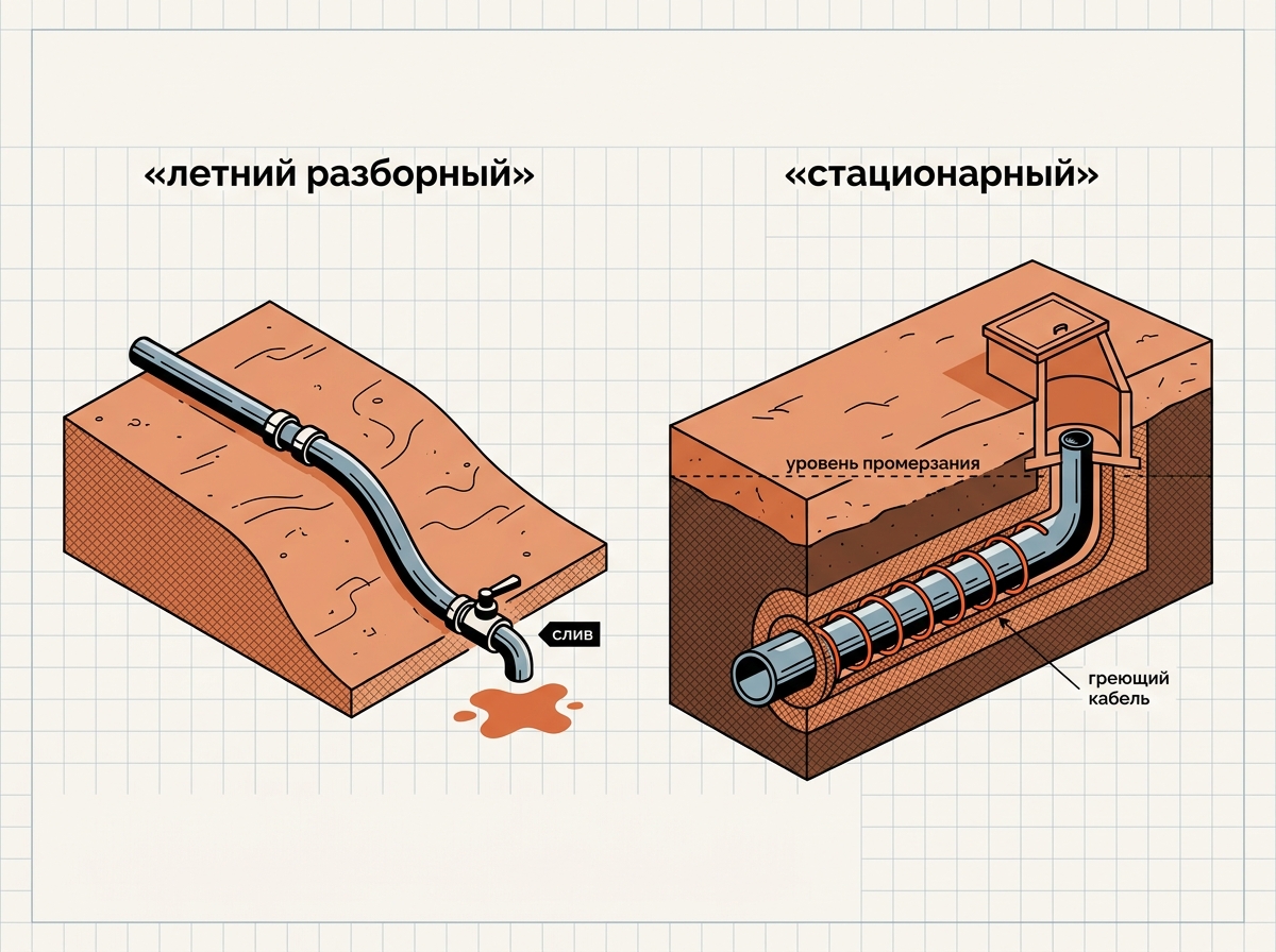 Сравнение летнего разборного и стационарного дачного водопровода: трубы по поверхности со сливом против труб ниже глубины промерзания с утеплением