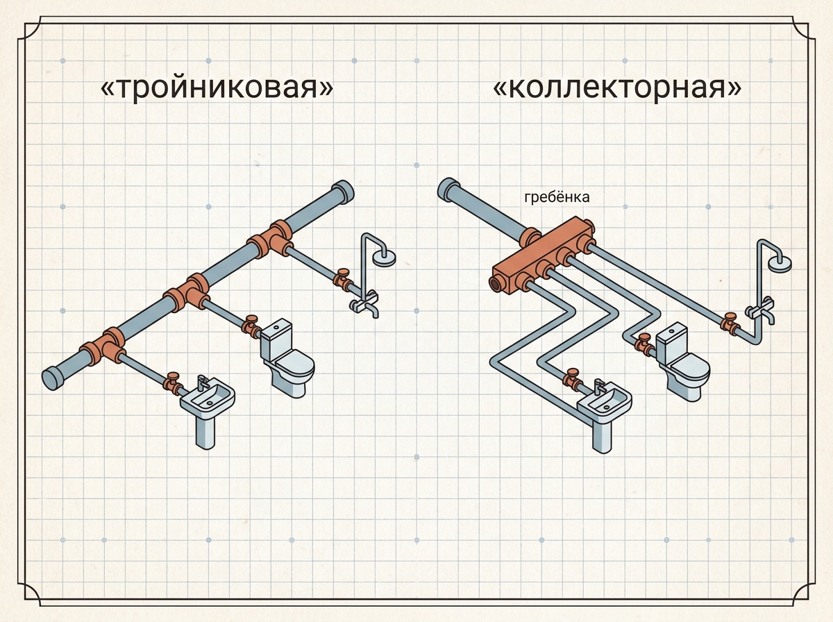 Сравнение тройниковой и коллекторной разводки воды: последовательные тройниковые отводы от одной магистрали против отдельных линий к каждой точке от коллектора-гребёнки