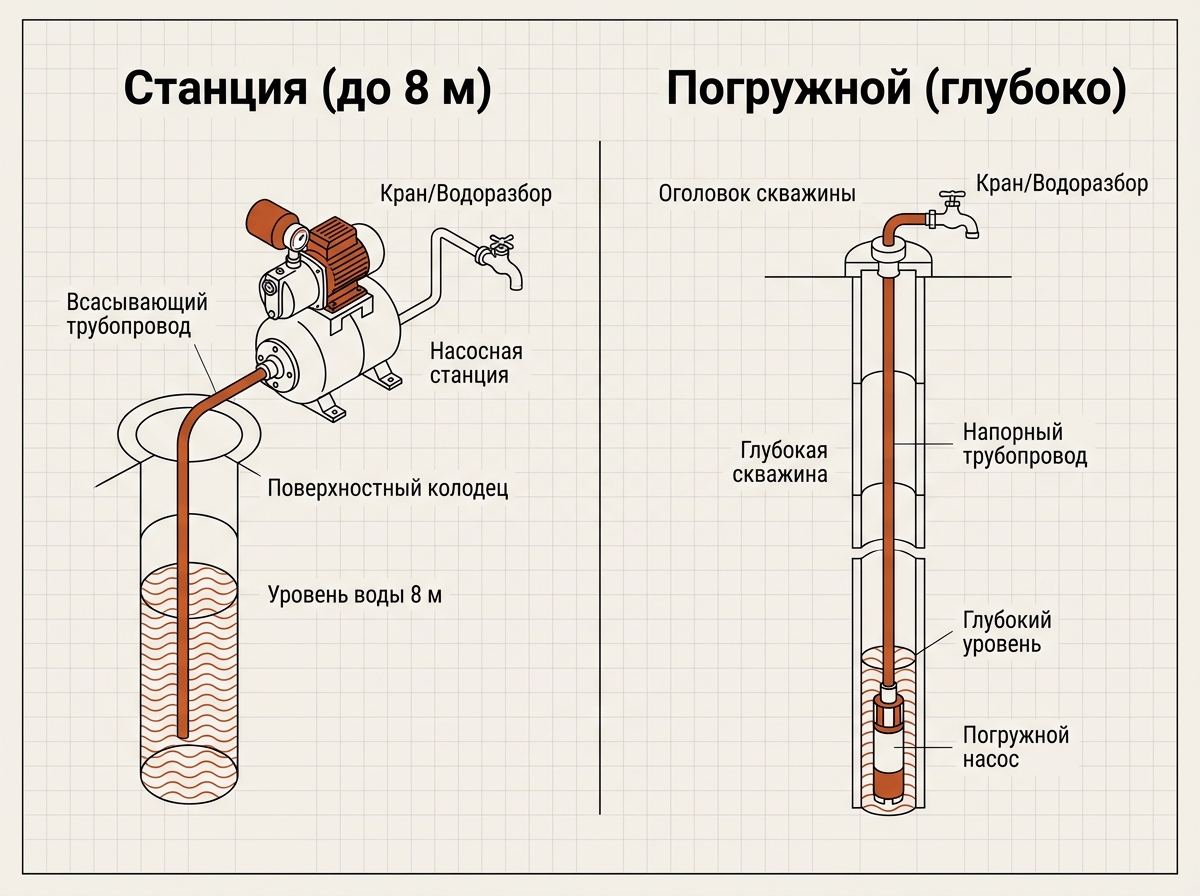 Насосная станция всасывает воду до 8 метров, погружной насос работает на глубине
