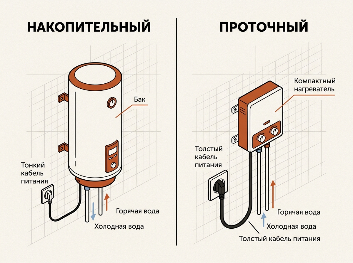 Накопительный водонагреватель с баком и проточный компактный с мощным кабелем